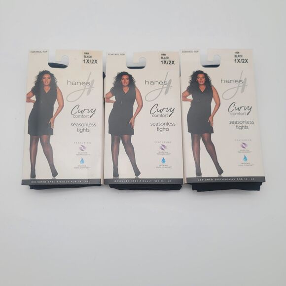 Hanes Accessories - 3 Pack Of Hanes Curves Curvy Comfort Seasonless Tights Control Top Black 1X/2X